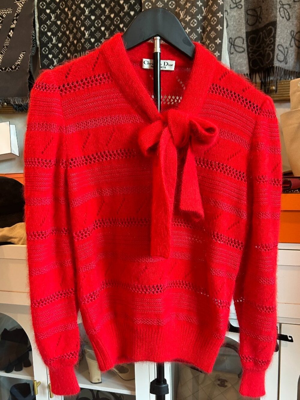 Christian Dior Cashmere Tie Neck Sweater, Size Medium